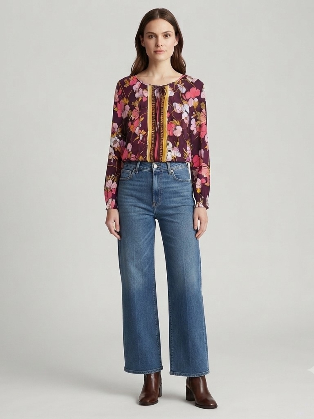 a.n.a Women’s Floral Top Long Sleeve Pullover Blouse XS Plum Purple Boho Blouse